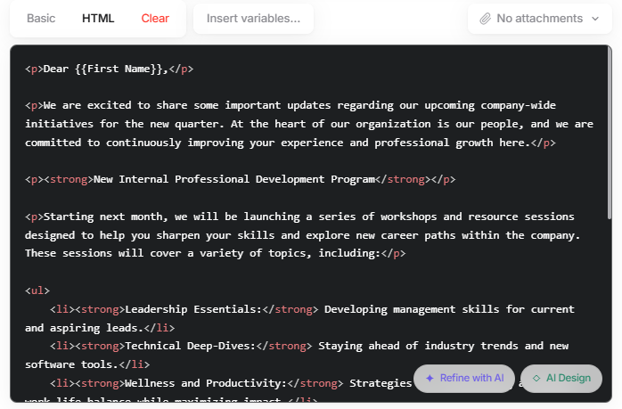 Pyramail built-in HTML editor with syntax highlighting
